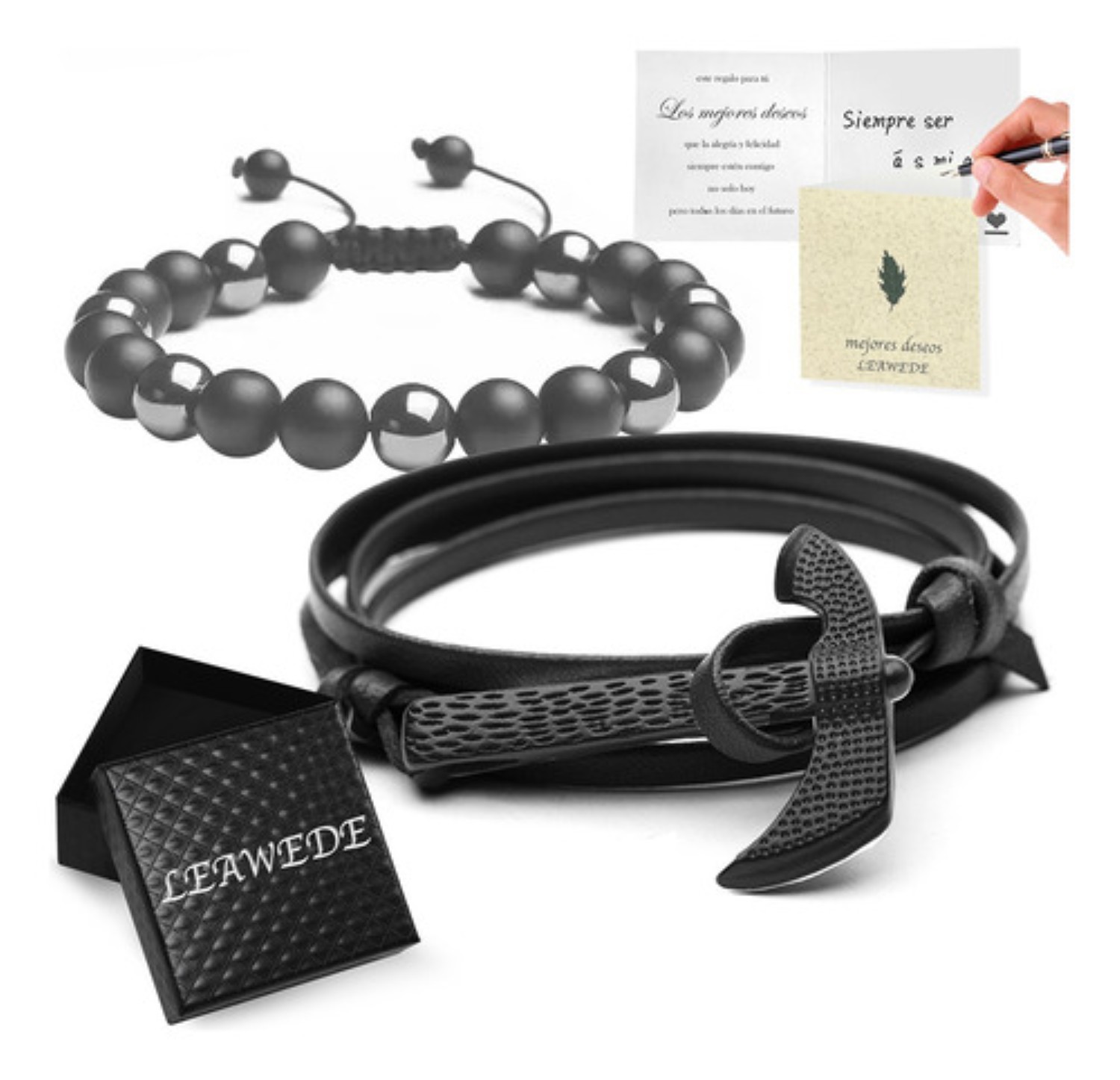 Brazalete De Cuentas Obsidiana Y Pulsera Hombre Hacha 2 Pzs Negra image number null