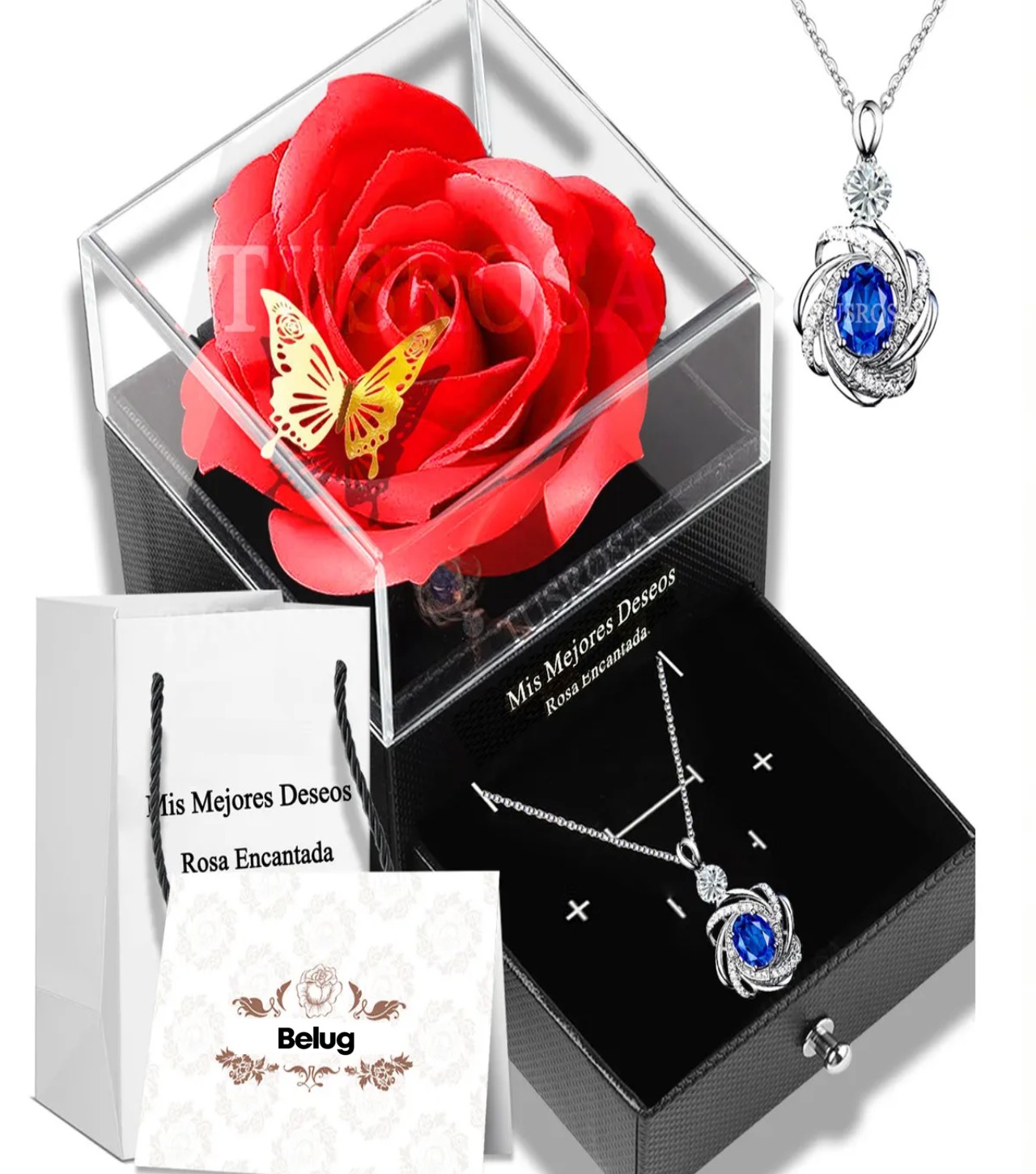 Rosa Roja Flor Artificial Flor Eterna con collar Plata con Azul image number null