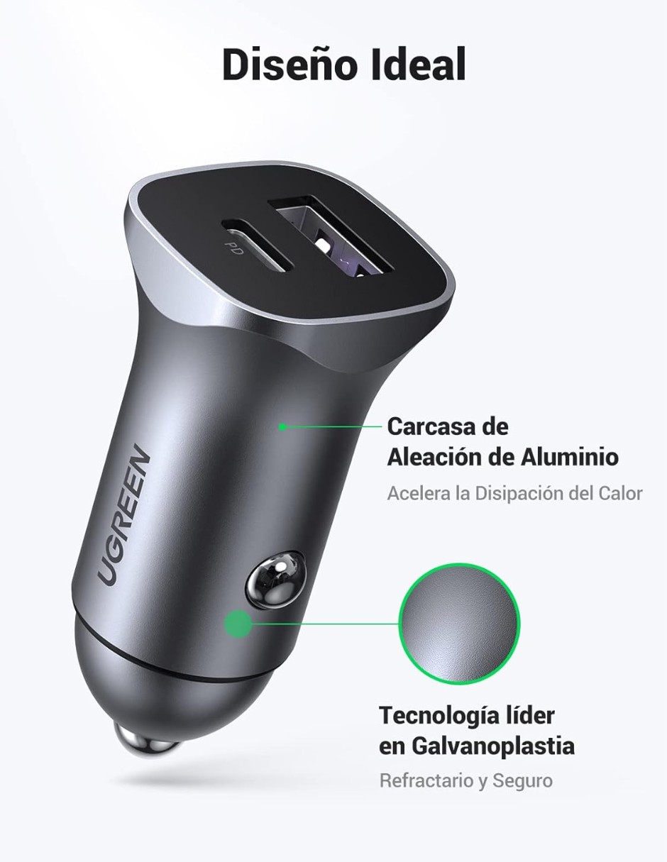 Cargador Auto Ugreen 30w 2 Puertos USB-C Y USB-A Carga R&aacute;pida image number null