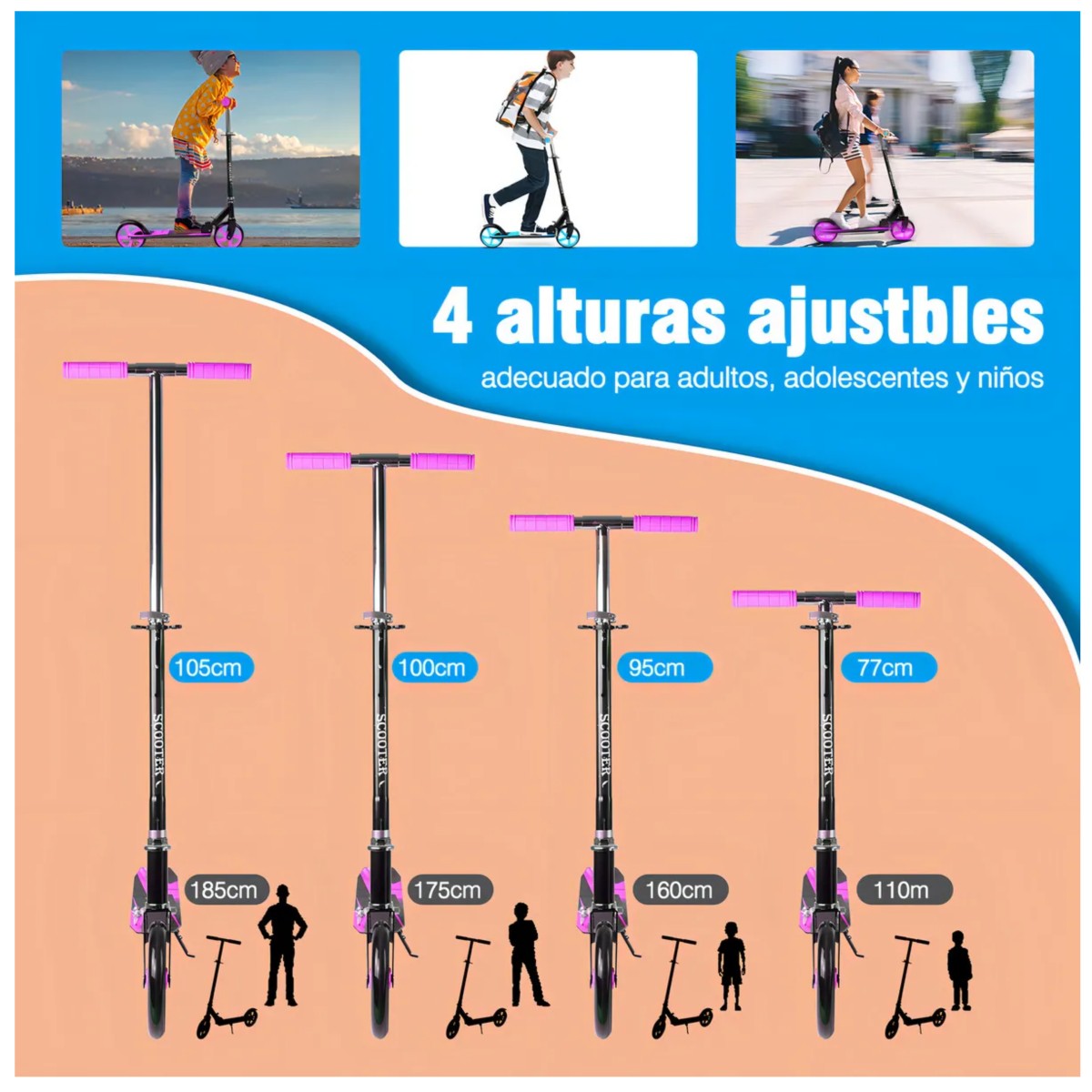 Scooter Plegable Ligero Y Con Manubrio De Altura Ajustable Rosa Negro image number null