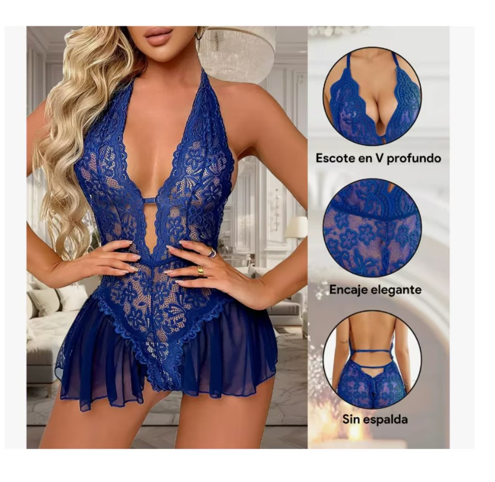 Lencer&iacute;a Er&oacute;tica Sexy 1pieza Encaje Lenceria Mujer Baby Doll color azul talla AZUL S image number null