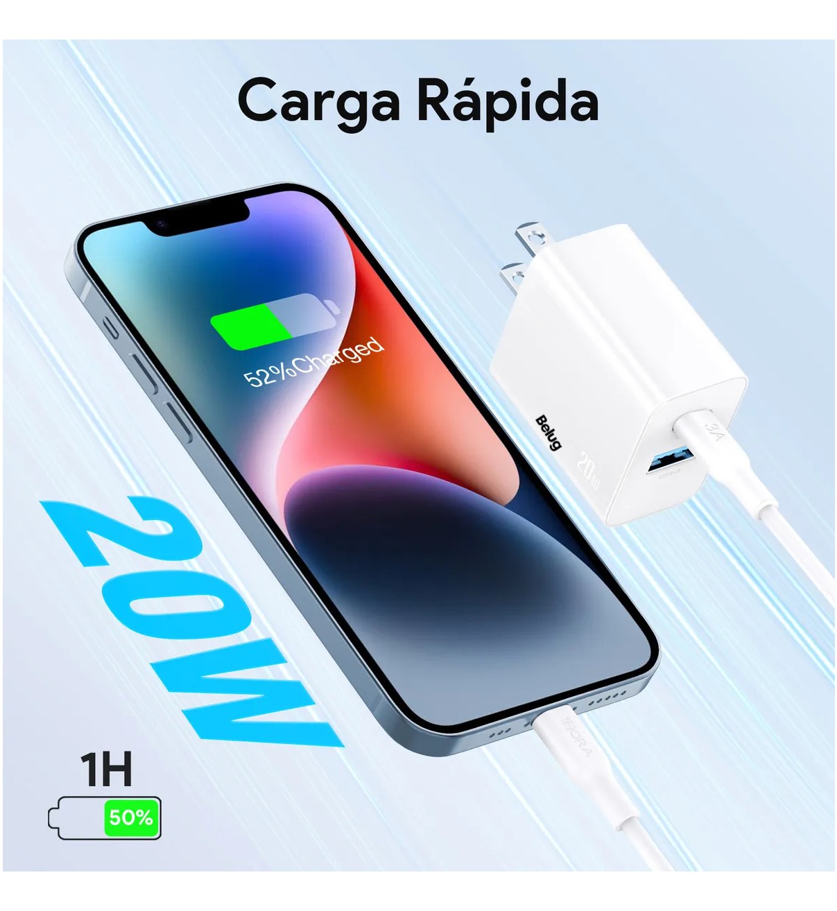 Cargador para iPhone 20W Carga R&aacute;pida Dual Salida USB C & USB Belug Blanco image number null