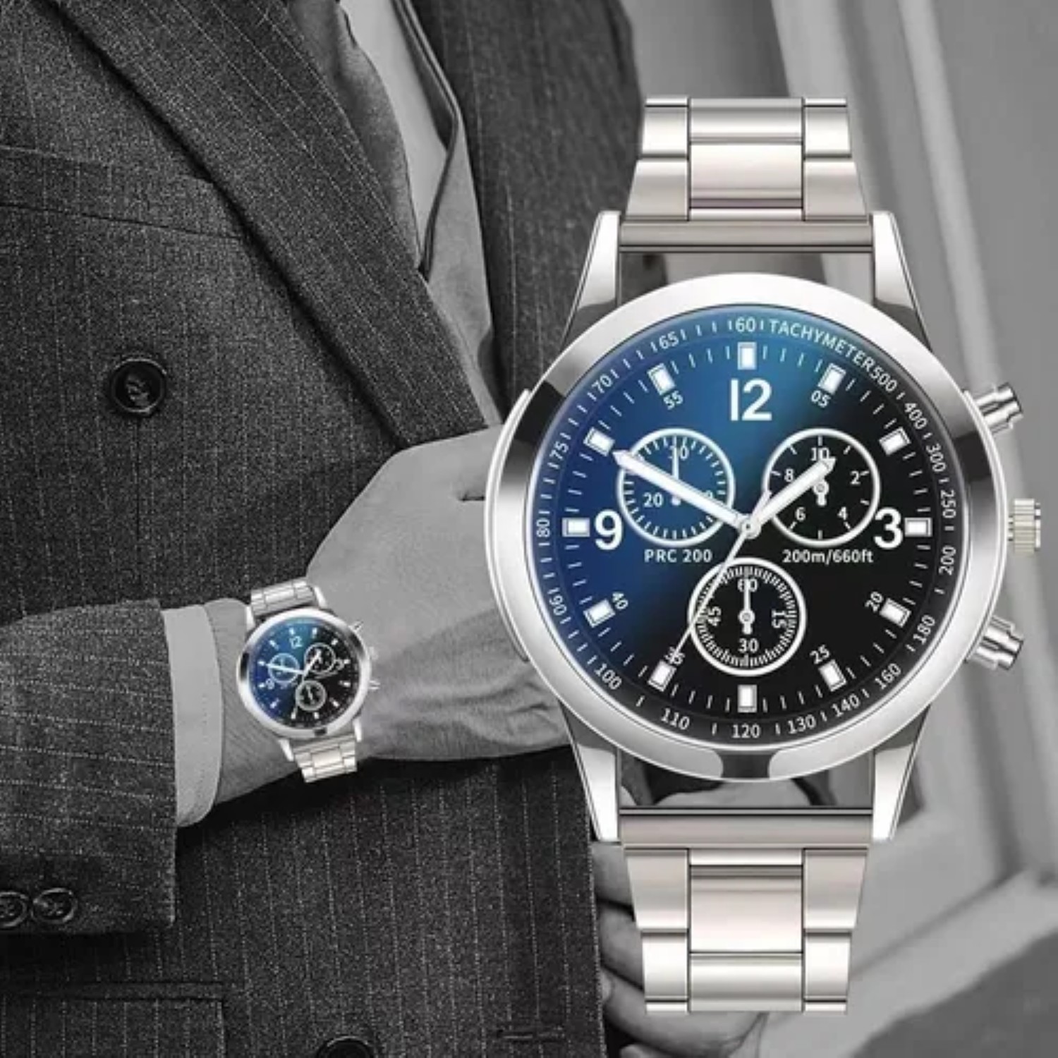 Relojes De Cuarzo Casuales Impermeables Para Hombre Plateado fondo azul image number null