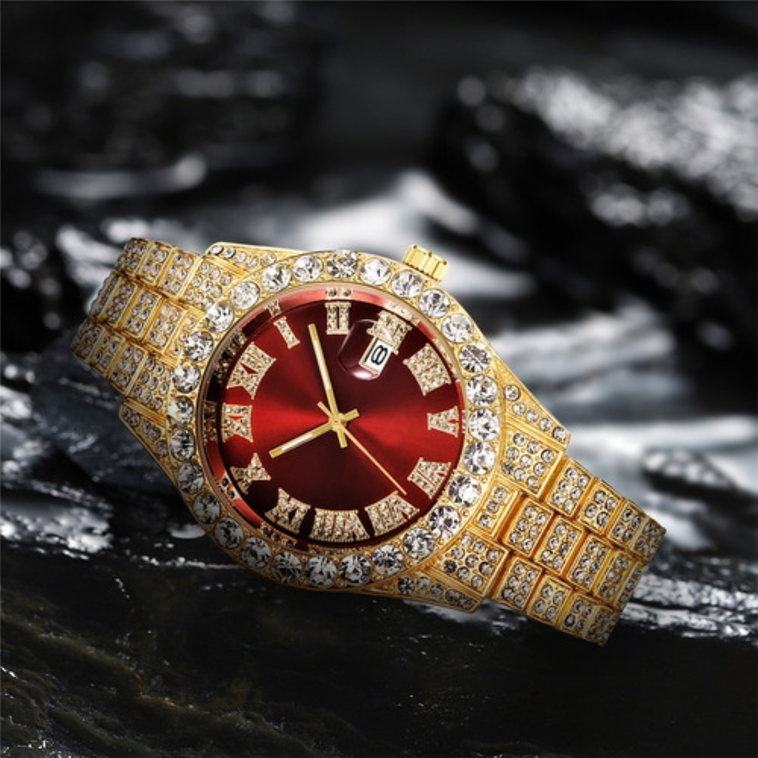 Reloj De Pulsera Unisex Con Diamantes Dorado Rojo image number null