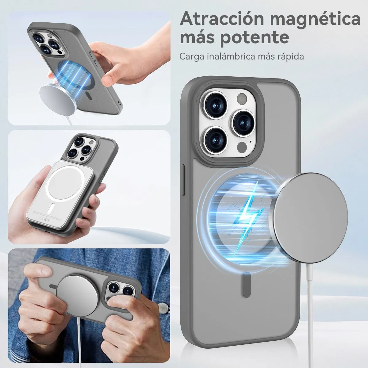 Funda Para iPhone 12 Pro Max + Cargador Inal&aacute;mbrico 15w + Mica De Vidrio Gris image number null