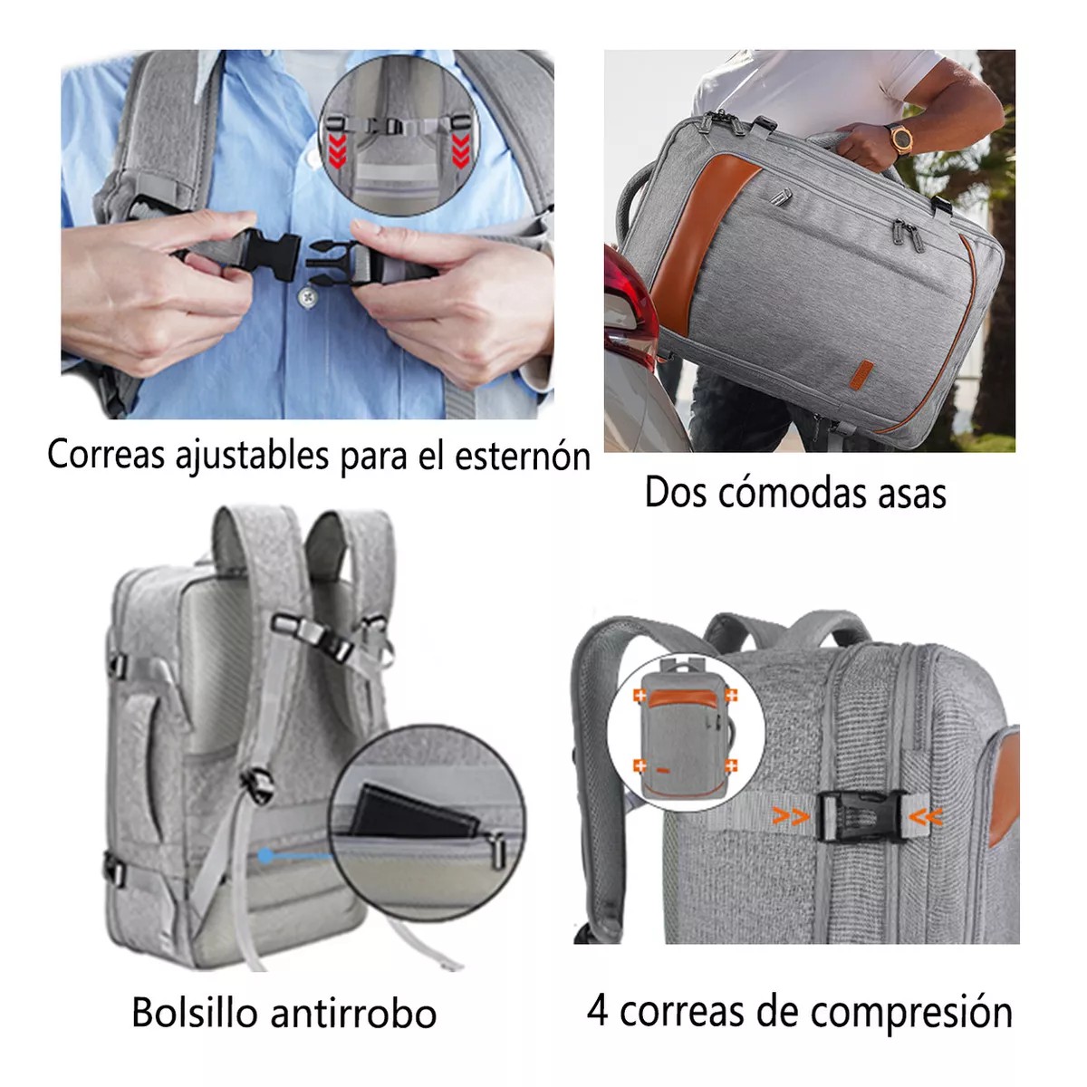 Mochila De Viaje 50L con Tres Bolsos Gris y Naranja. image number null