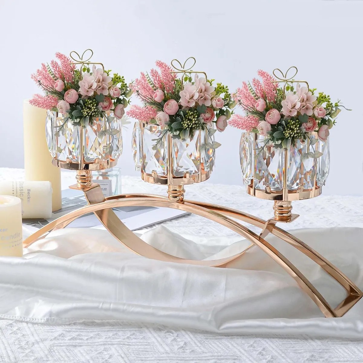 Candelabro Portavelas Cristal Para Decoraci&oacute;n De Mesa Regalo Dorado image number null