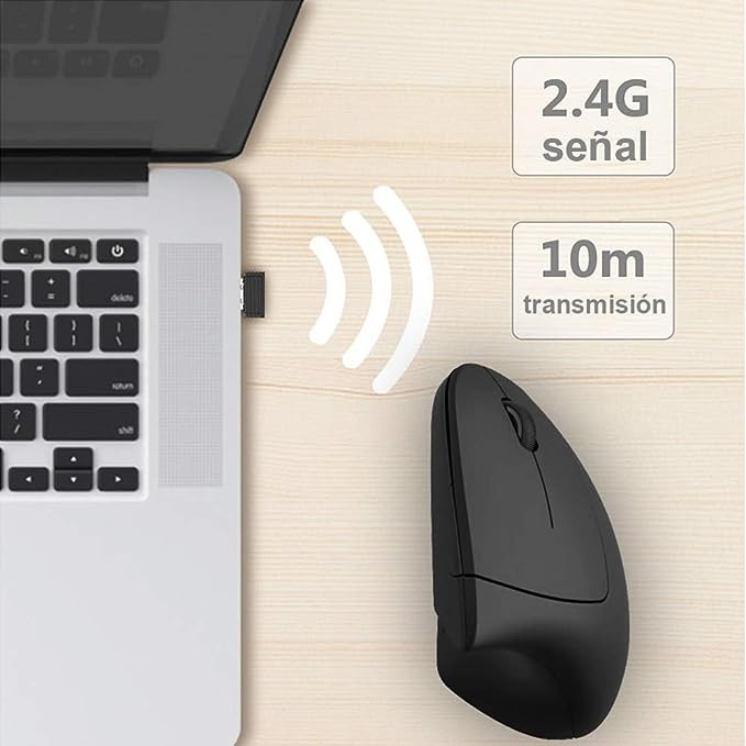 Mouse Inal&aacute;mbrico Ergon&oacute;mico Recargable, Mouse Vertical &Oacute;ptico de 2.4Ghz con 3 DPIs Ajustables, Dise&ntilde;o de 6 Botones con Receptor USB, Compatible con Sistema Windows y Mac(Negro). image number null