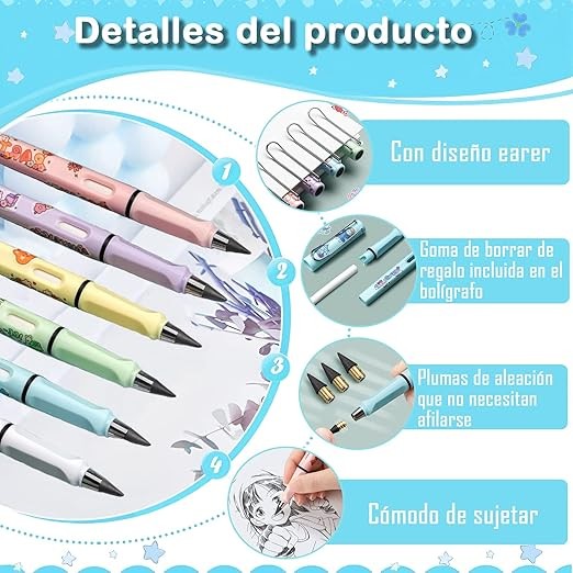 A AIYMQ Lapiz Infinito, 6 Lapices Eternos y Pegatinas decorativas,con 12 puntas y Bolsa Organizadora,Eternity Magic Pencil con Goma, herramienta de dibujo de boceto port&aacute;til reutilizable borrable. image number null