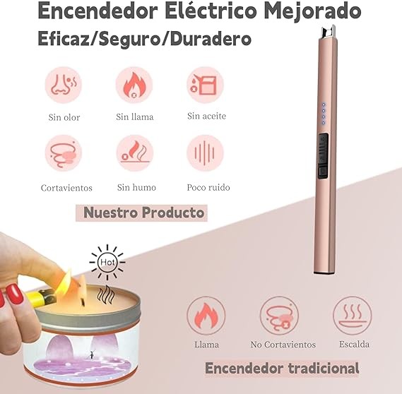 A Yostyle Encendedor Electr&oacute;nico,Encendedor de Velas Sin Llama,Electric Lighter Resistente al Viento&Seguro,Encendedor de Plasma Multiusos para Velas,Cocina&Aire Libre como Barbacoa&Campismo-Oro Rosa. image number null