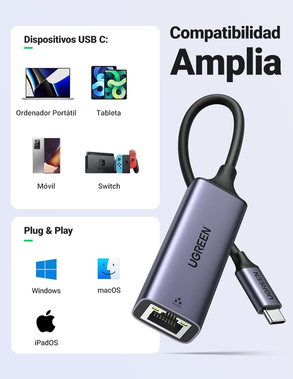UGREEN Adaptador USB C a Ethernet, Gigabit 1000Mbps. image number null