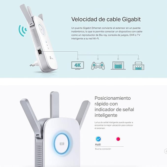 TP-Link RE450 Extensor de Rango de Repetidor WiFi de Banda Dual Universal, 3 Antenas Externas, Puerto Gigabit Ethernet, AC1750, Modo AP Compatible, Blanco. image number null