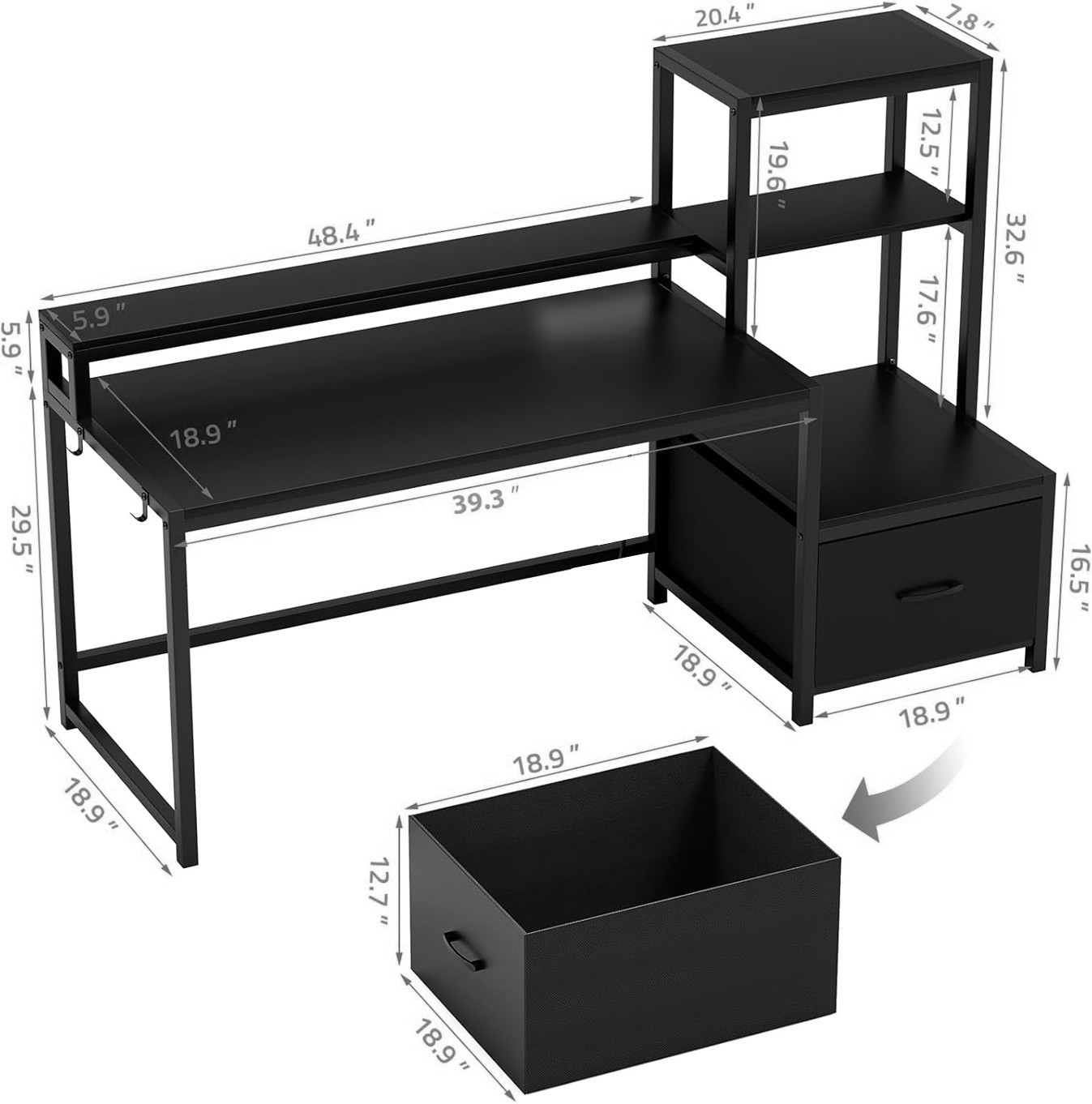 Escritorio Organizador con Estanter&iacute;a Lateral, Caj&oacute;n y Base Met&aacute;lica Negra &ndash; Bossa Zeni image number null
