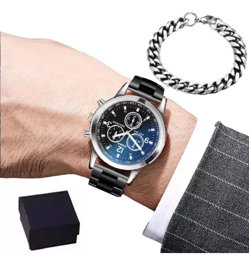 Reloj para Caballero Casual Impermeable de Cuarzo Color Negro con Plateado Fondo Azul + Pulsera de Acero Inoxidable image number null