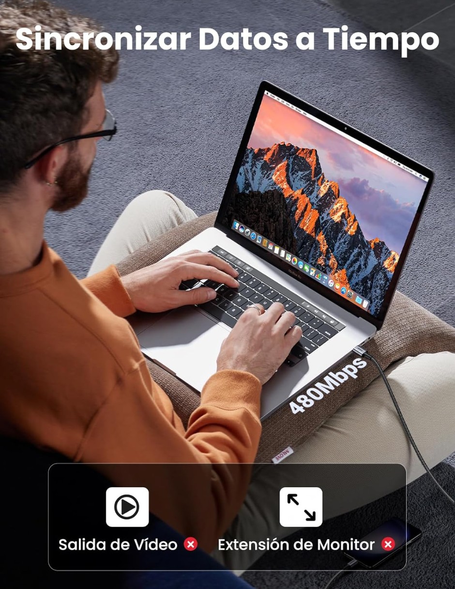 Cable USB-C a Tipo C 60W Ugreen Reversible con Nyl&oacute;n de 2m Negro. image number null