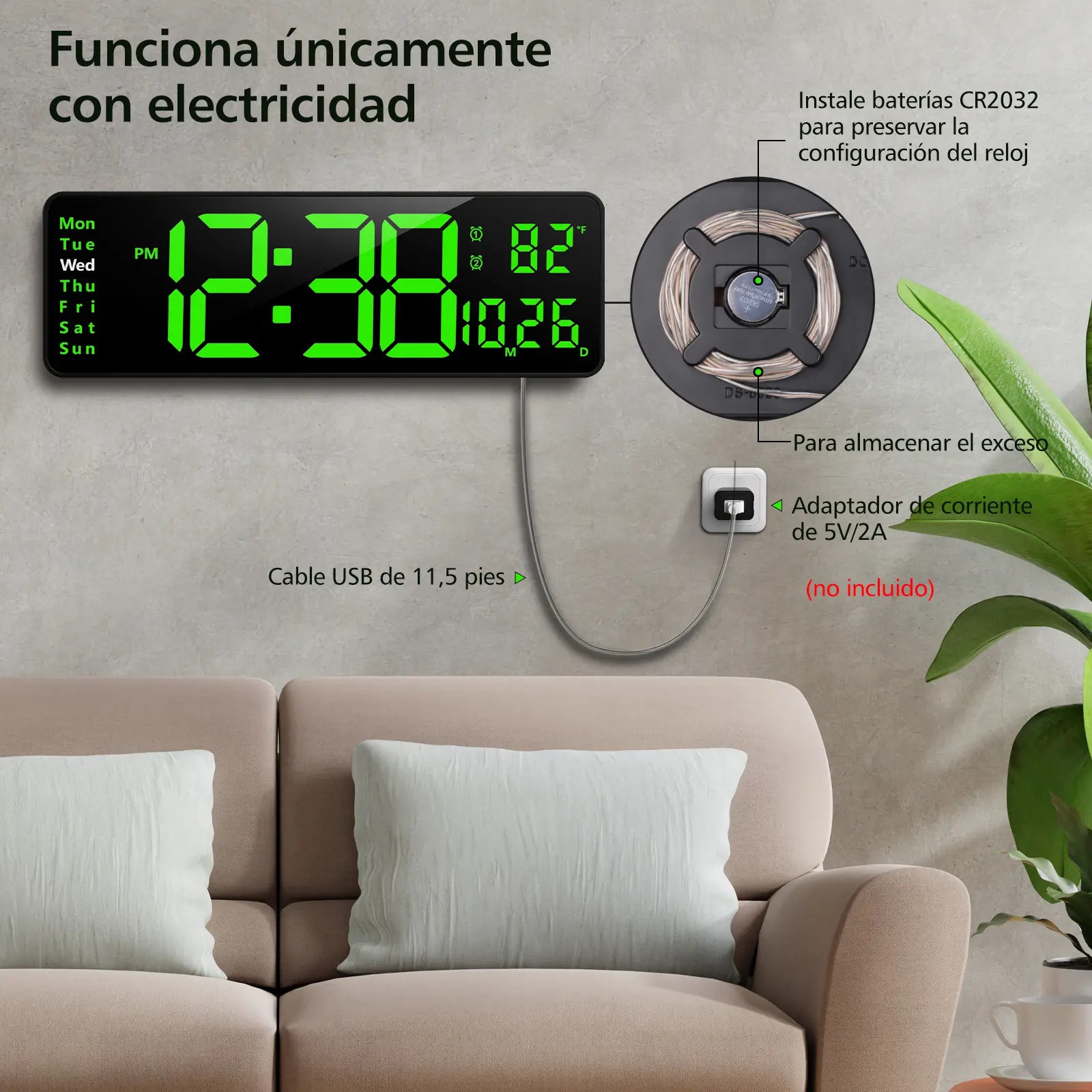 Reloj De Pared Digital Led Decorativo Con Term&oacute;metro Alarmas Negro image number null