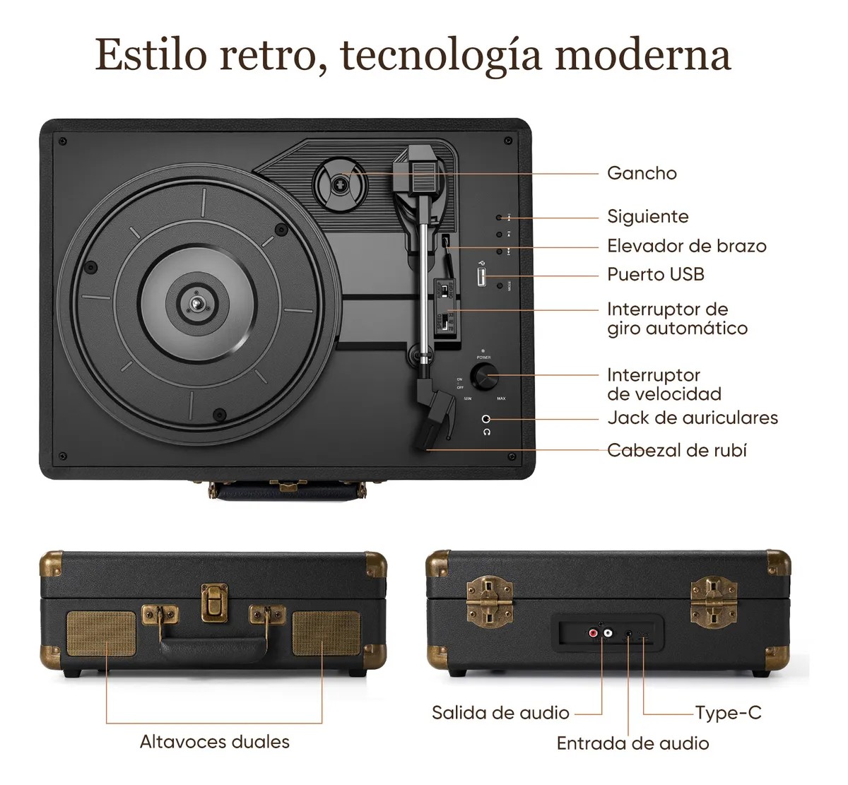 Tocadiscos De Vinilo Negro Retro Port&aacute;til Con Bluetooth image number null