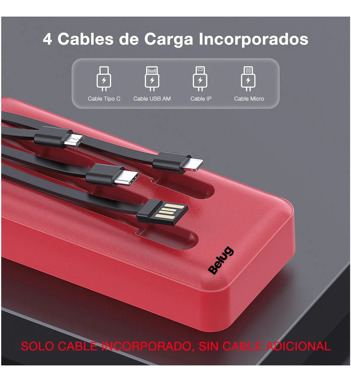 Power Bank 20000mAh bater&iacute;a port&aacute;til Belug con 4 cables USB Tipo C Micro USB compatible con IP Rojo image number null