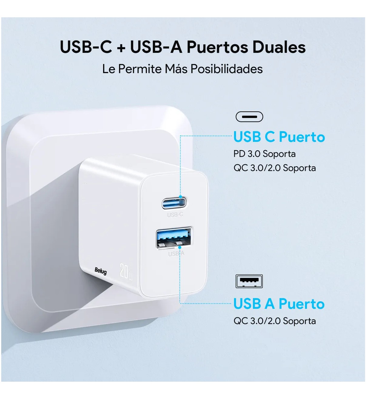 Cargador para iPhone 20W Carga R&aacute;pida Dual Salida USB C & USB Belug Blanco image number null