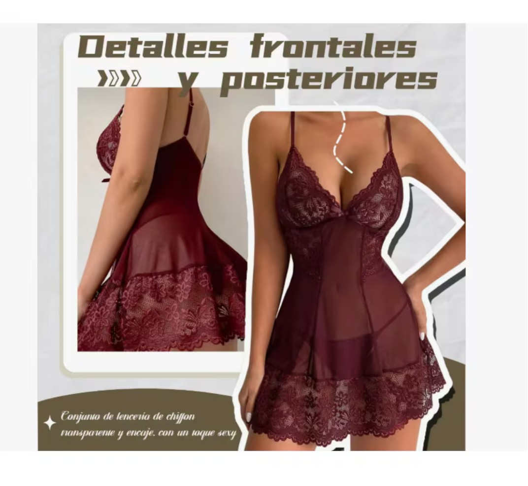 Lencer&iacute;a Para Mujer babydolls Vestido Camison Ropa Sexy En V color: BURDEOS L image number null
