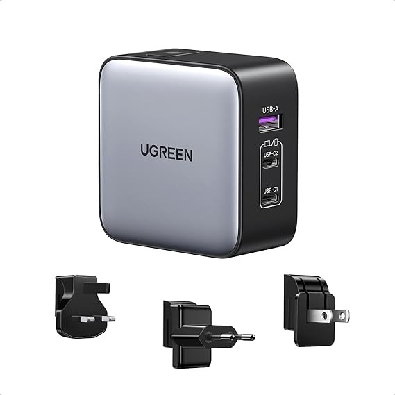 UGREEN Nexode Cargador USB C 65W, Adaptador para Viaje 3 Puertos 2 USB C y 1 USB A, Adaptador de Enchufe Universal UK/USA/EU para Phone, Celulares, Tabletas y M&aacute;s. image number null