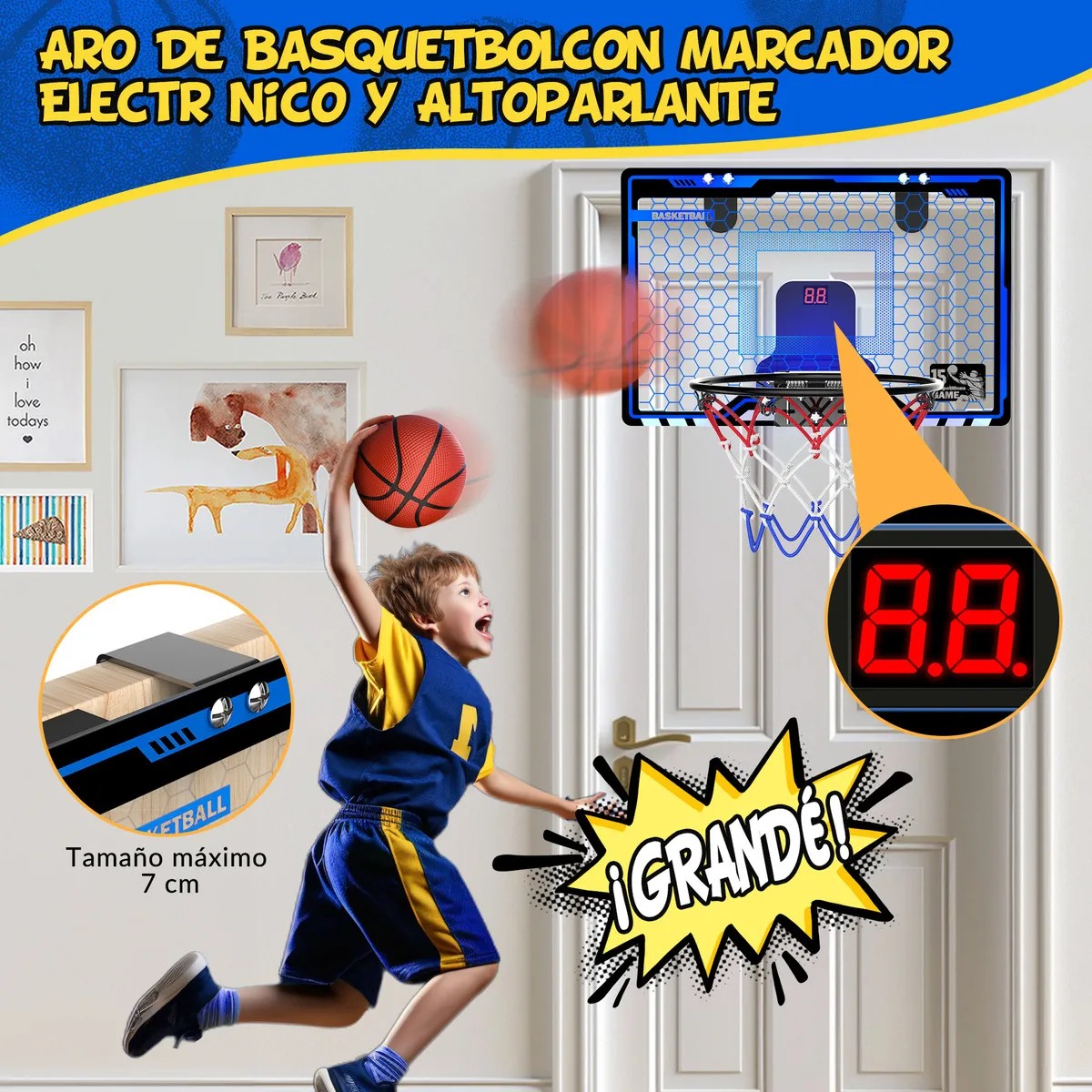 Canasta de Basquetbol Tablero de Baloncesto con Luces Led y 3 Mini Pelotas Color Azul para Ni&ntilde;os image number null