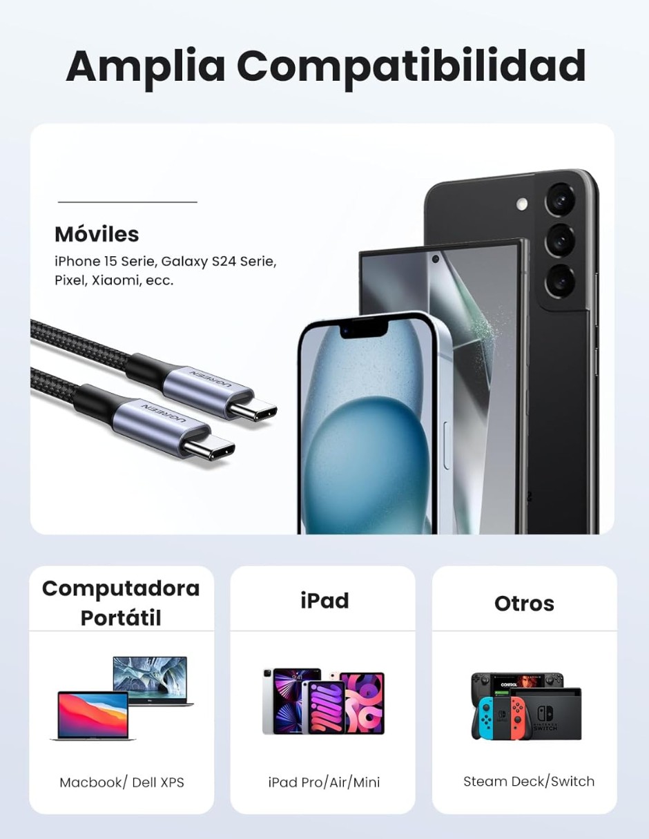 Cable USB-C a Tipo C 60W Ugreen Reversible con Nyl&oacute;n de 2m Negro. image number null