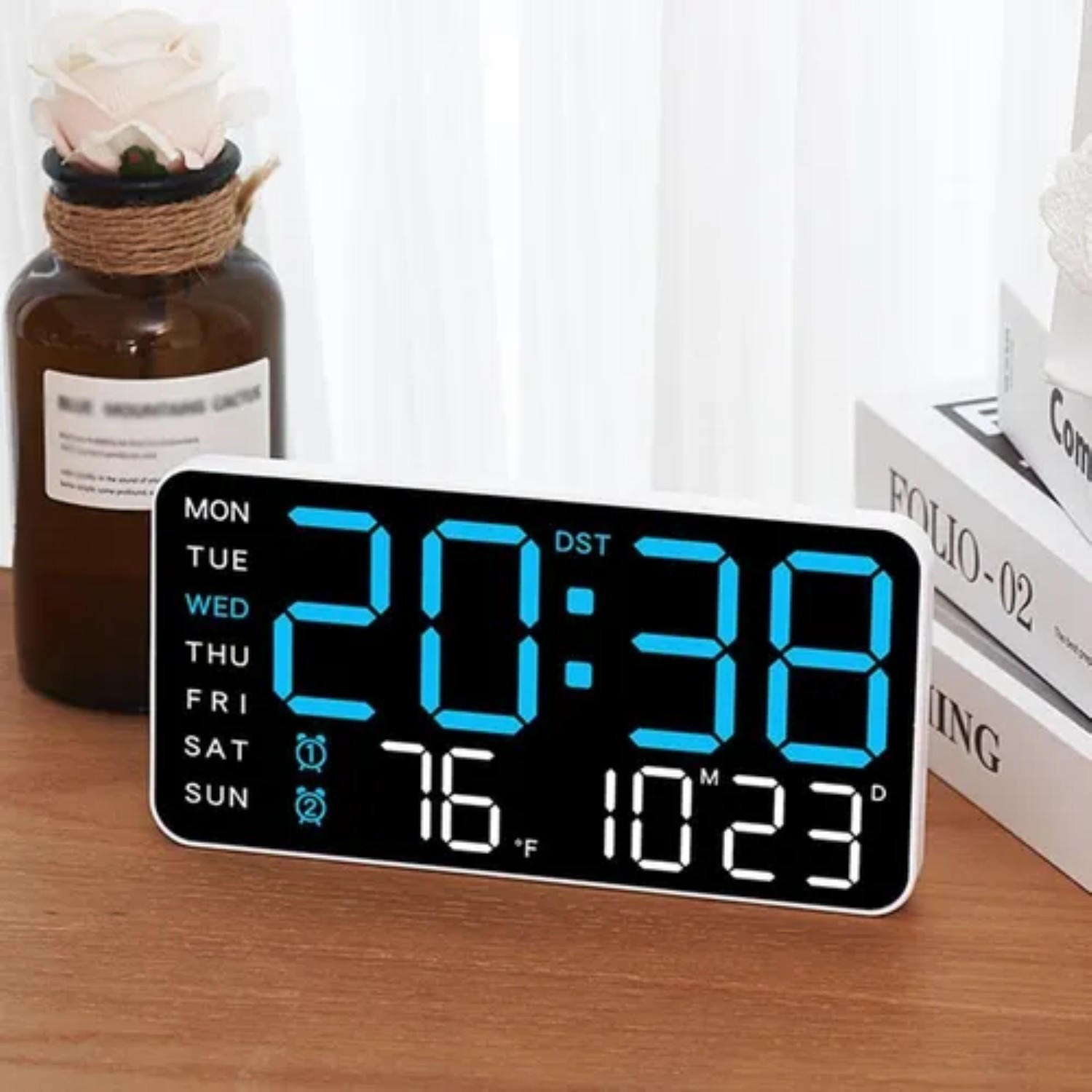 Reloj De Pared Digital Con Alarmas Y Calendario,term&oacute;metro negro azul image number null