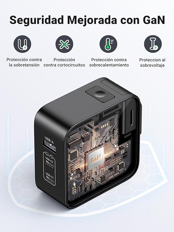 UGREEN Nexode Cargador USB C 65W, Adaptador para Viaje 3 Puertos 2 USB C y 1 USB A, Adaptador de Enchufe Universal UK/USA/EU para Phone, Celulares, Tabletas y M&aacute;s. image number null