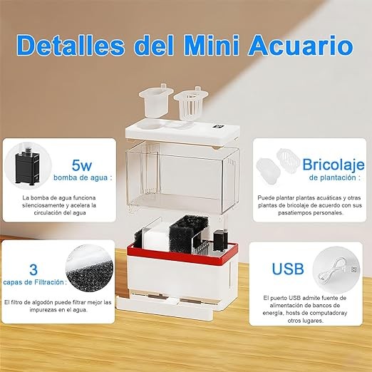 AbaqKalza Mini Pecera para Pez Betta con Filtro,1.5 Galones Pecera para Peces con Iluminaci&oacute;n Led 3 Colores,Mini Tanque Acuario con USB Bomba de Agua para Escritorio Oficina Hogar. image number null