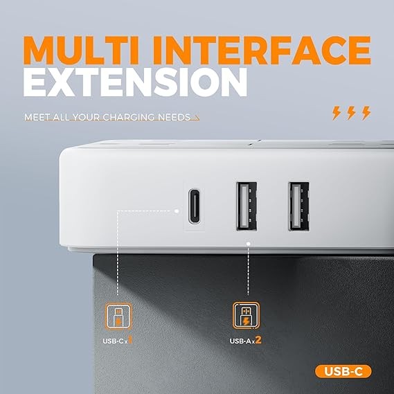 TESSAN Extension Electrica Enchufe Plano con Protector de sobretensi&oacute;n, Regleta Multicontacto Conector con 4 Salidas CA y 3 USB(1 USB C), Extensi&oacute;n Plana 1.5M para Hogar Oficina Dorm Travel Essentials. image number null