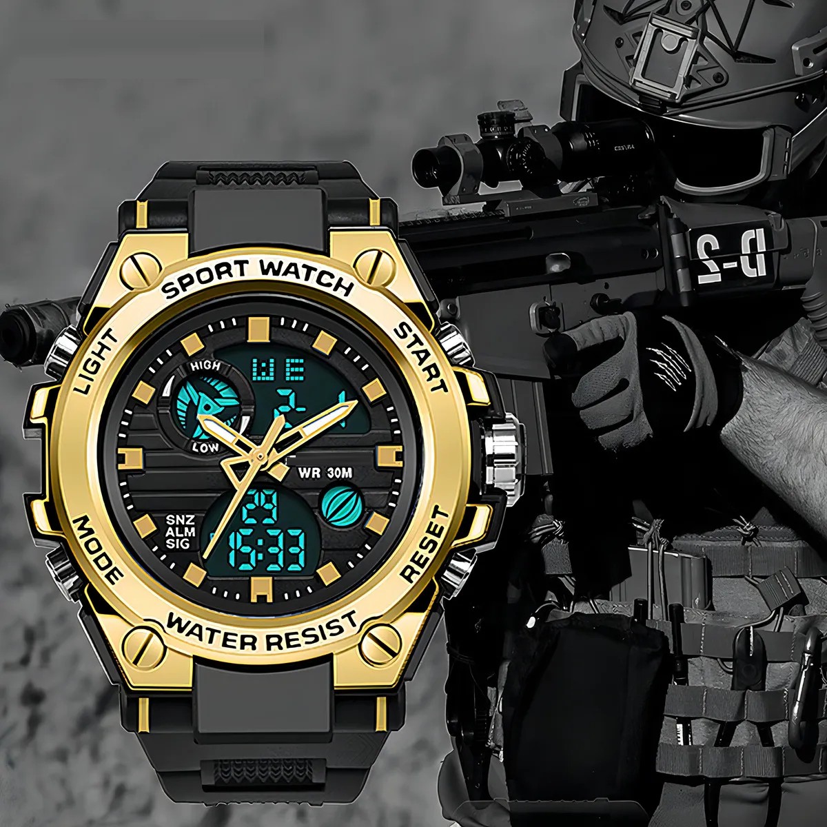 Reloj Pulsera T&aacute;ctico Militar Malubero Impermeable Hombre Mujer Sport Correa Negro Bisel Negro Fondo Dorado image number null