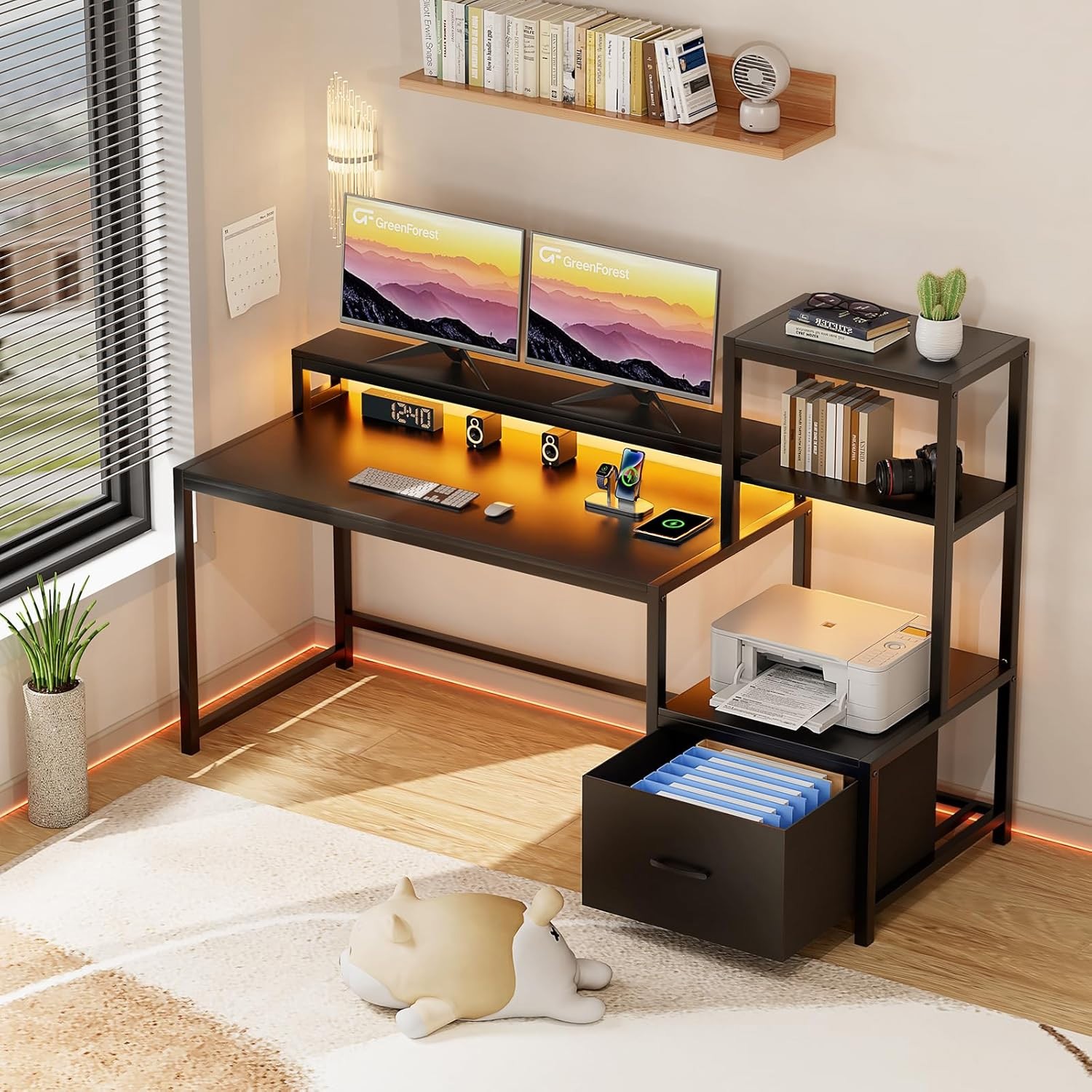 Escritorio Organizador con Estanter&iacute;a Lateral, Caj&oacute;n y Base Met&aacute;lica Negra &ndash; Bossa Zeni image number null