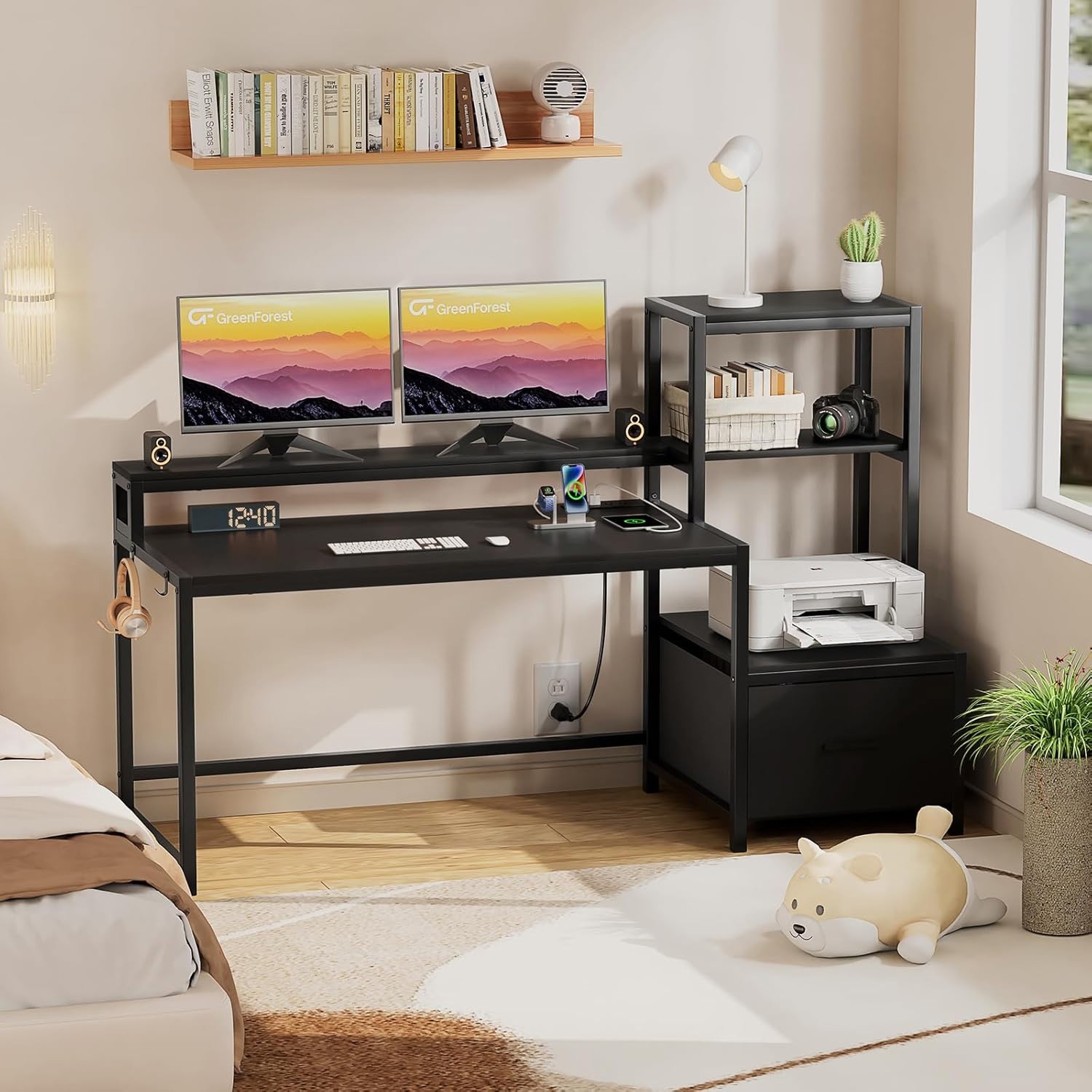 Escritorio Organizador con Estanter&iacute;a Lateral, Caj&oacute;n y Base Met&aacute;lica Negra &ndash; Bossa Zeni image number null