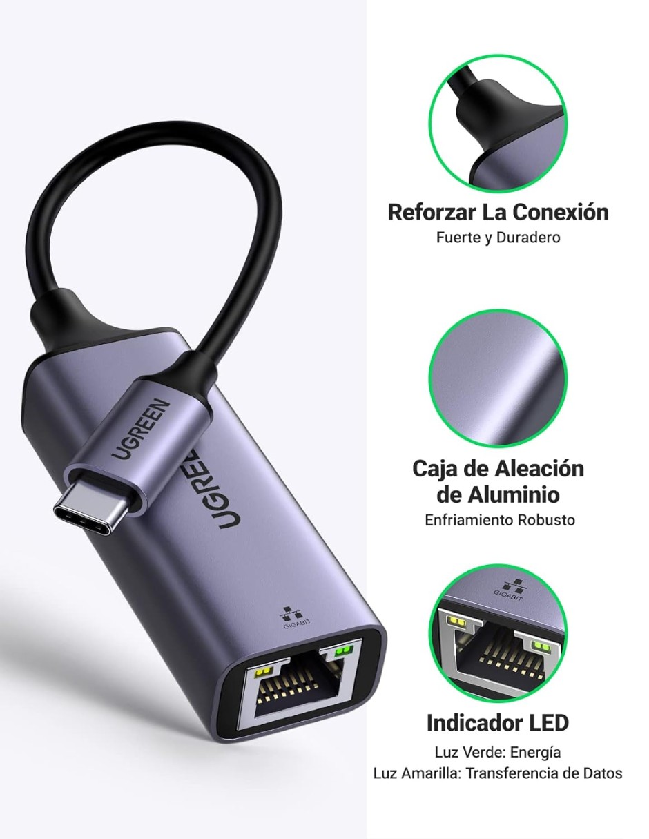 UGREEN Adaptador USB C a Ethernet, Gigabit 1000Mbps. image number null