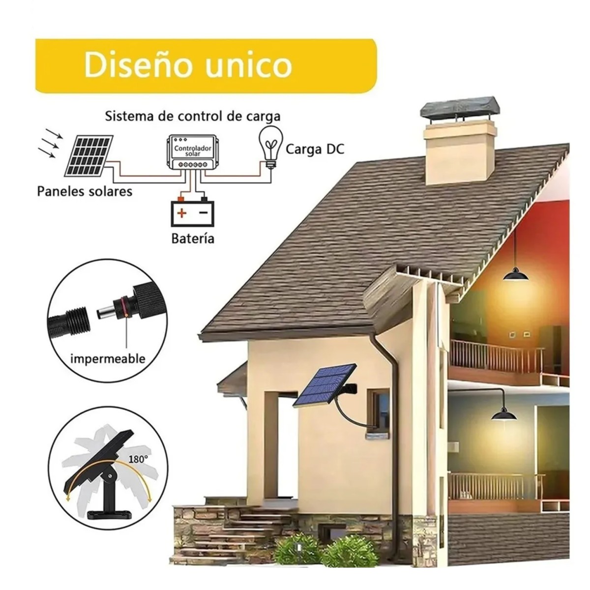 L&aacute;mpara Solar Recargable Con 3 Cabezales Ajustables 60 Led, negro image number null