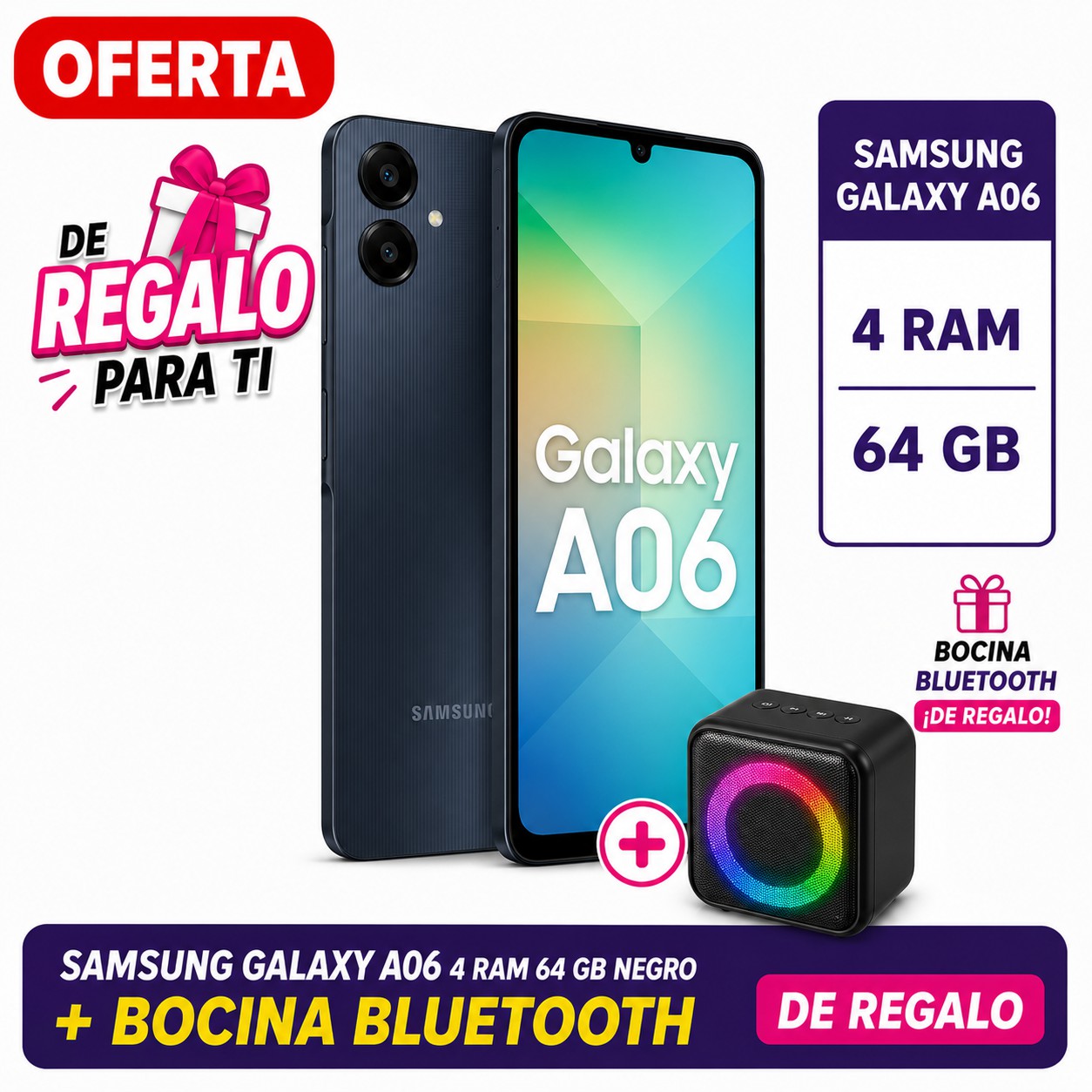 SAMSUNG GALAXY A06 4 RAM 64 GB NEGRO + BOCINA BLUETOOTH DE REGALO image number null