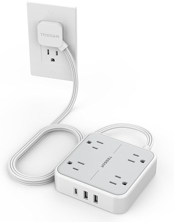 TESSAN Extension Electrica Enchufe Plano con Protector de sobretensi&oacute;n, Regleta Multicontacto Conector con 4 Salidas CA y 3 USB(1 USB C), Extensi&oacute;n Plana 1.5M para Hogar Oficina Dorm Travel Essentials. image number null