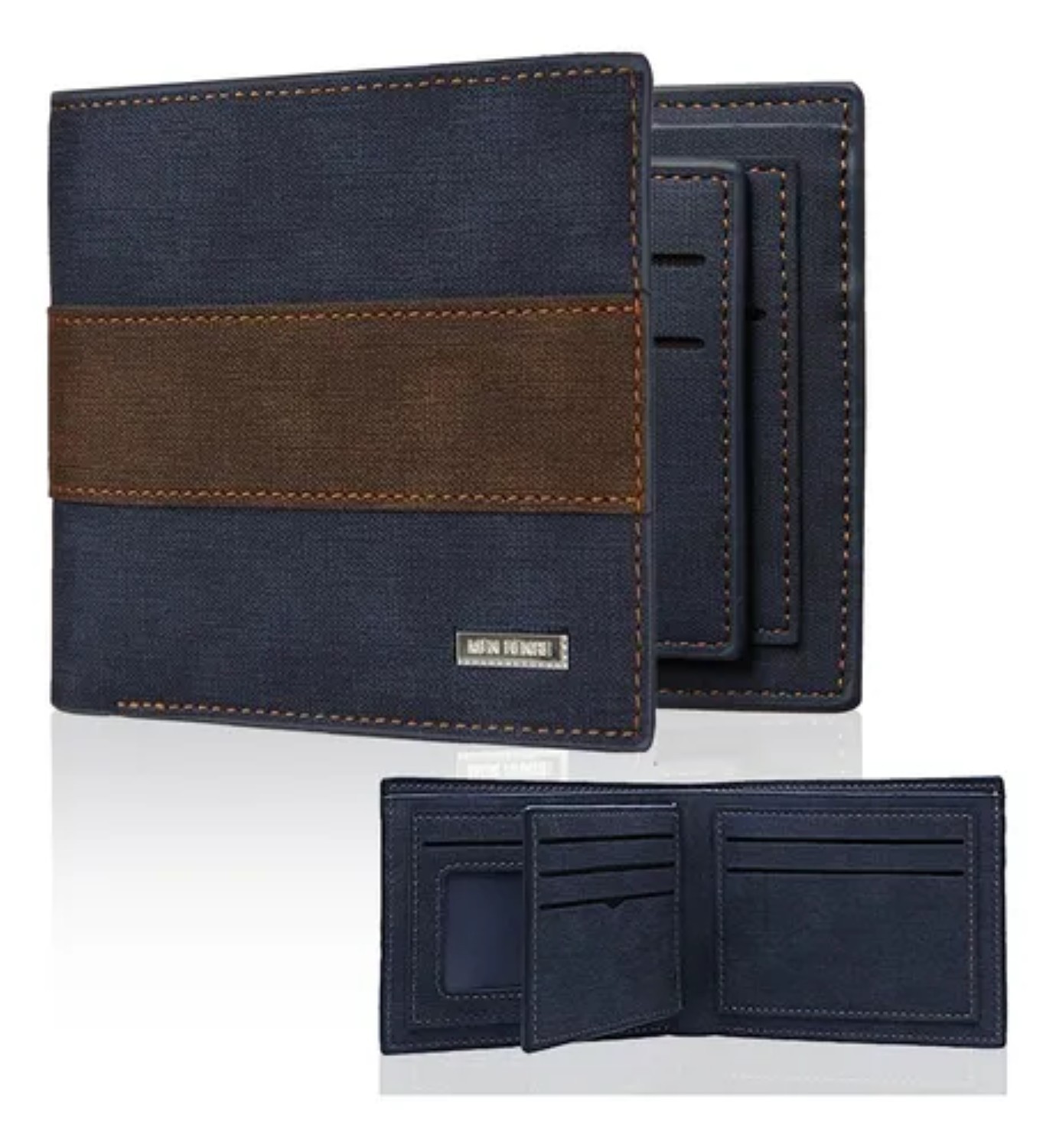Cartera Billetera De Cuero Con M&uacute;ltiples Tarjetas azul marino con cafe oscuro image number null