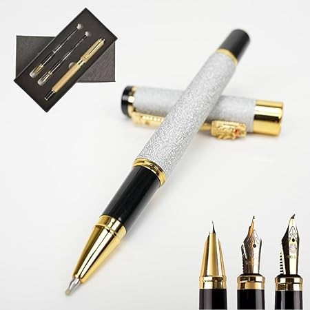 A ZYHSLZ Set de 3 Pluma Estilogr&aacute;fica, Pluma Fuente Estilogr&aacute;fica con 3 Plumillas de Acero y Convertidor, Pluma Estilogr&aacute;fica Recargable, Pluma Estilogr&aacute;fica Punto Fino,Dise&ntilde;o Cl&aacute;sico (Plata esmerilado). image number null