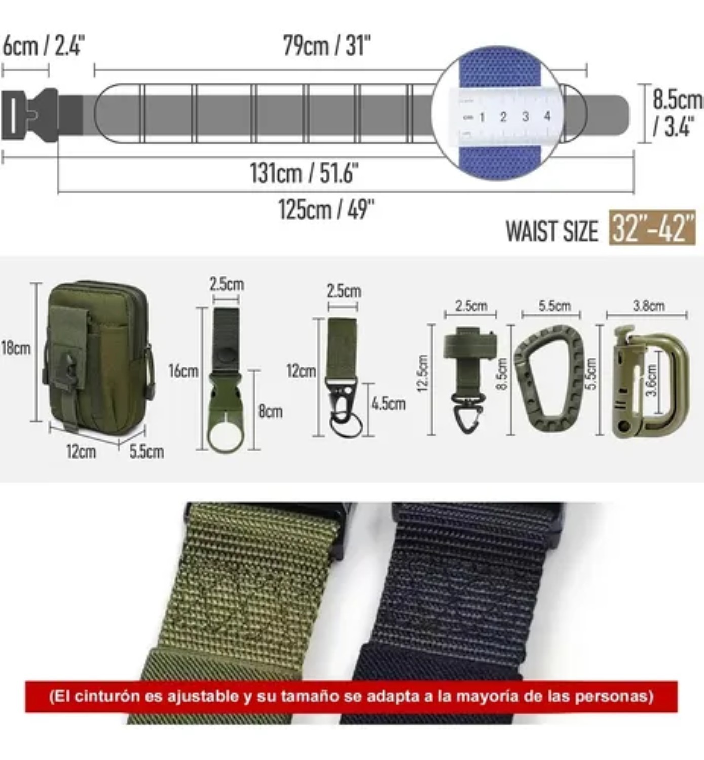 Cinturon Tactico Militar Ajustable Durable 125 Cm 8 pz Verde Militar image number null