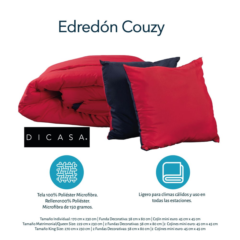 Edred&oacute;n Individual Dicasa Couzy Doble Vista Rojo con Azul y S&aacute;banas Softy Platino image number null