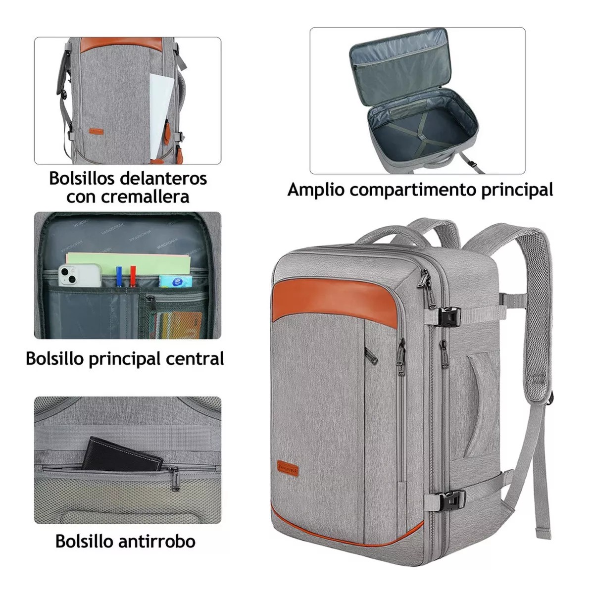 Mochila De Viaje 50L con Tres Bolsos Gris y Naranja. image number null