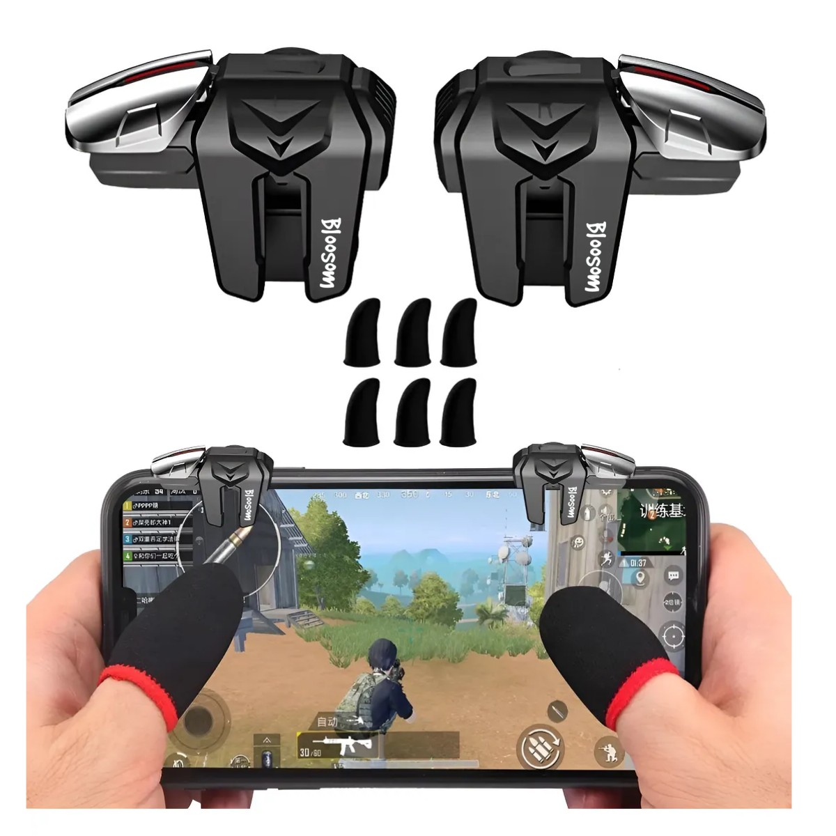 Kit Gatillos Celular Con 4 Botones + Dedales Gamer Negro image number null