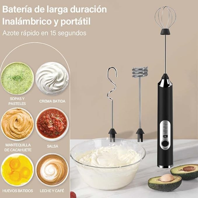 A Espumador de leche, Batidor de mano 3 en 1, Batidor el&eacute;ctrico de mano con 3 velocidades ajustables y 3 batidores de acero inoxidable para caf&eacute;s con leche, capuchinos, huevos, chocolate caliente,matcha. image number null