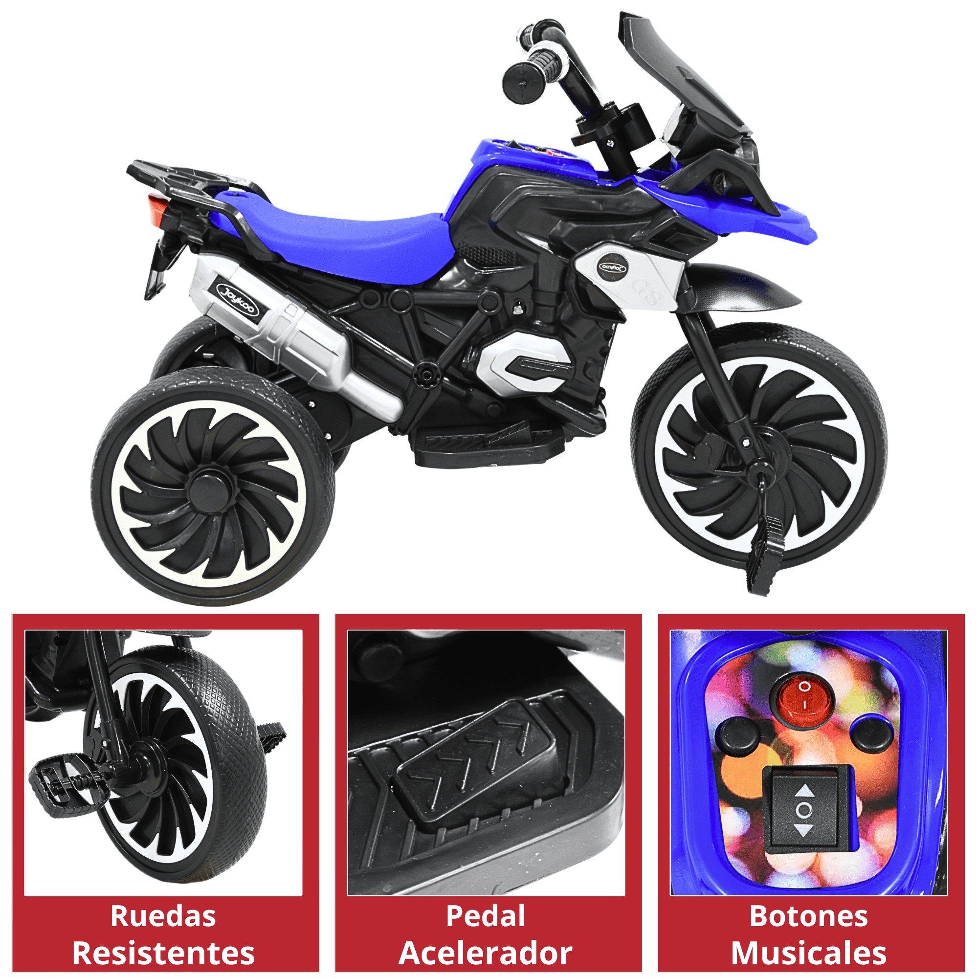 Moto Montable El&eacute;ctrica para Ni&ntilde;os Triciclo H&iacute;brido con Luces y Sonido Recargable 6v Soporta hasta 30 kg - Azul image number null