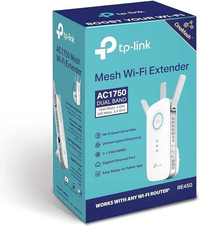 TP-Link RE450 Extensor de Rango de Repetidor WiFi de Banda Dual Universal, 3 Antenas Externas, Puerto Gigabit Ethernet, AC1750, Modo AP Compatible, Blanco. image number null