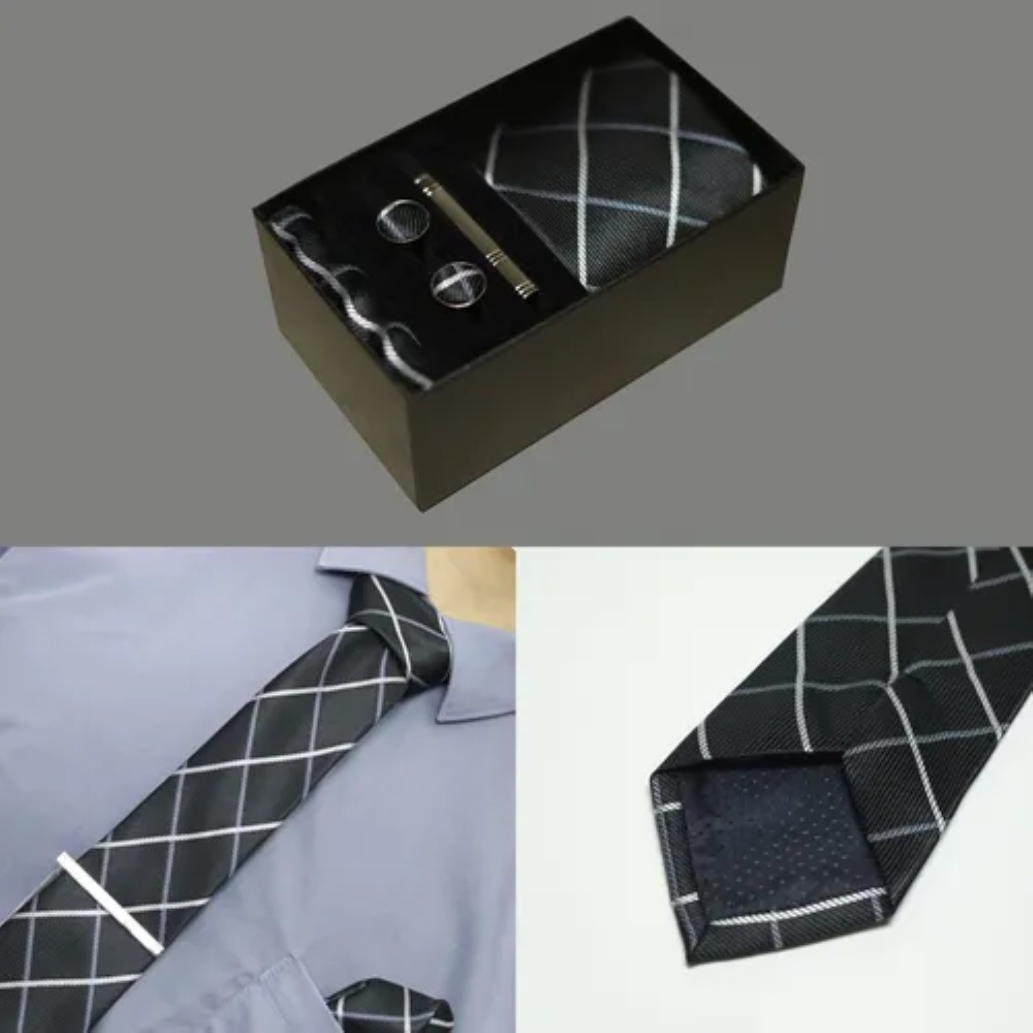 Classic Set Corbata Pa&ntilde;uelo Mancuernilla Hombre 5 Piezas negra rallada image number null