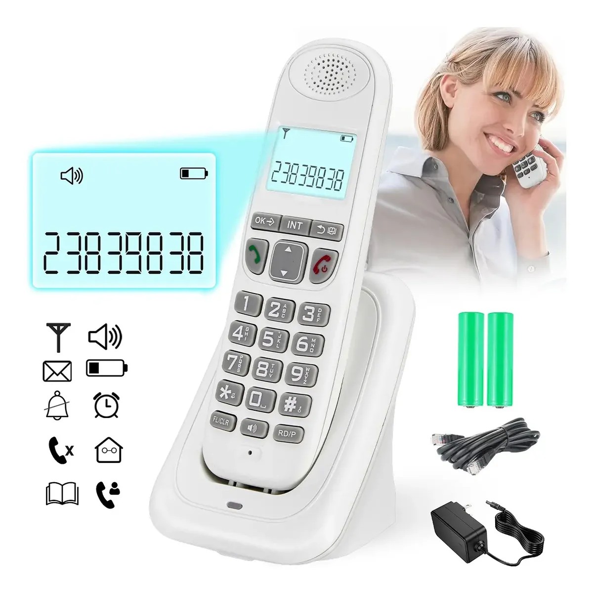 Tel&eacute;fono Inal&aacute;mbrico Fijo Moderno Con Lcd Blanco image number null
