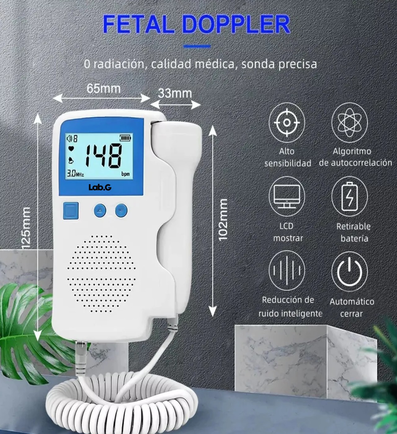 Detector De Frecuencia Card&iacute;aca Fetal Doppler + Gel Bater&iacute;a, Blanco/Azul image number null